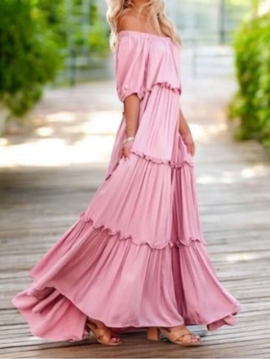 Fore Dresses & Skirts - Off-Shoulder Rose Pink Tiered Maxi Dress